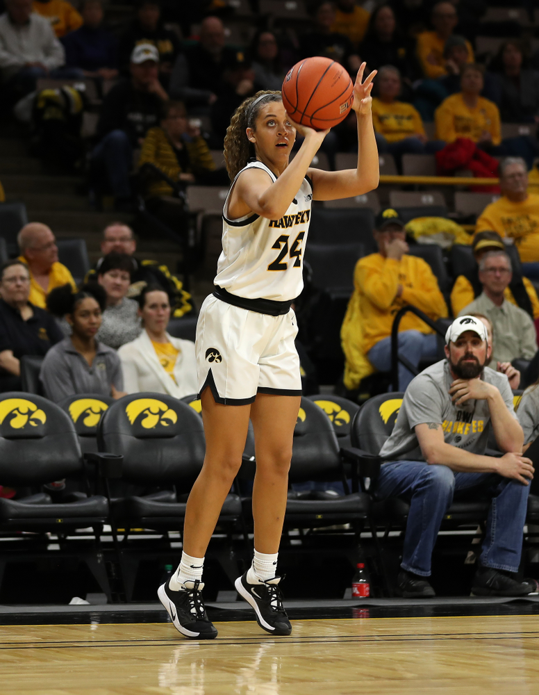 Iowa Hawkeyes guard Gabbie Marshall (24) knocks down a three point basket against North Carolina Central Saturday, December 14, 2019 at Carver-Hawkeye Arena. (Brian Ray/hawkeyesports.com)