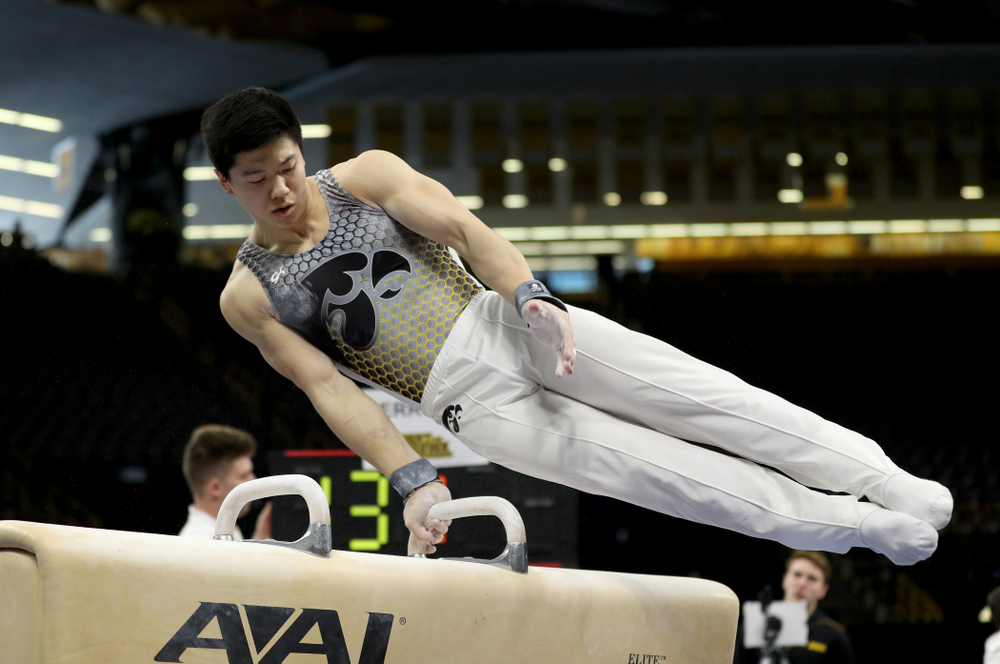 Iowa’s Bennet Huang competes on the Pommel Horse against UIC and Minnesota Saturday, February 1, 2020 at Carver-Hawkeye Arena. (Brian Ray/hawkeyesports.com)