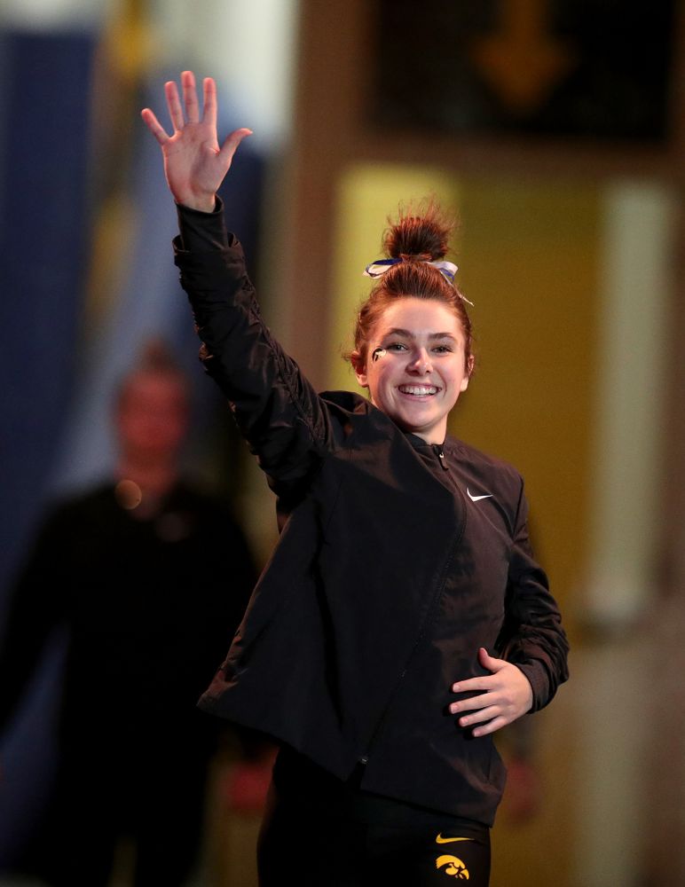Iowa’s Bridget Killian is introduced before their meet against Michigan State Saturday, February 1, 2020 at Carver-Hawkeye Arena. (Brian Ray/hawkeyesports.com)
