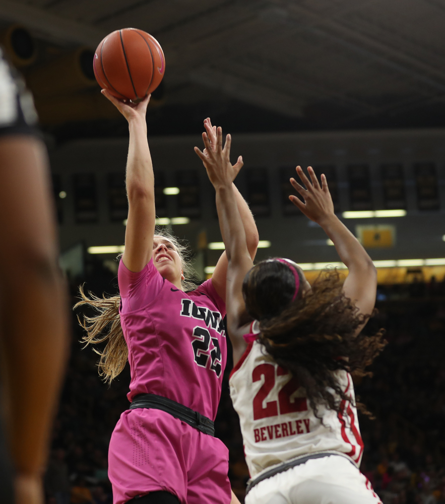 Iowa Hawkeyes guard Kathleen Doyle (22) against the Wisconsin Badgers Sunday, February 16, 2020 at Carver-Hawkeye Arena. (Brian Ray/hawkeyesports.com)