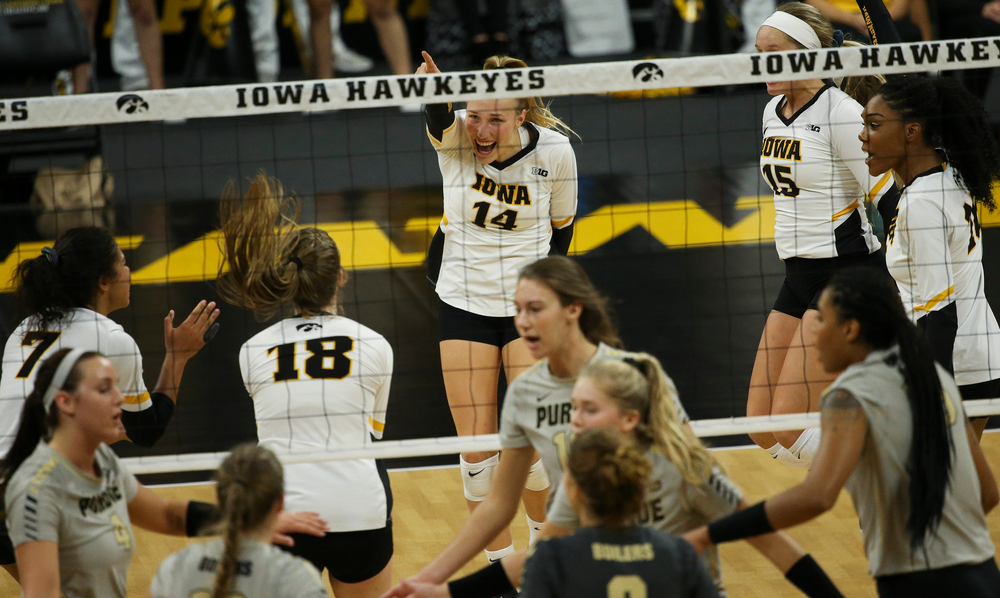 Iowa Hawkeyes outside hitter Cali Hoye (14) reacts after winning a point during a game against Purdue at Carver-Hawkeye Arena on October 13, 2018. (Tork Mason/hawkeyesports.com)