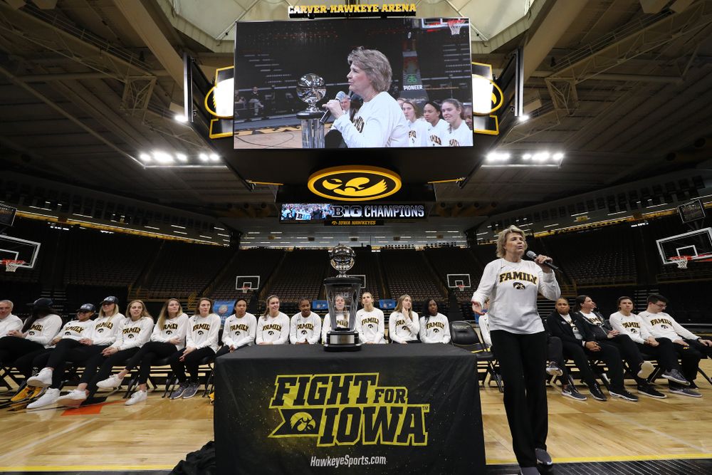 Iowa Hawkeyes head coach Lisa Bluder during a celebration of their Big Ten Women's Basketball Tournament championship Monday, March 18, 2019 at Carver-Hawkeye Arena. (Brian Ray/hawkeyesports.com)