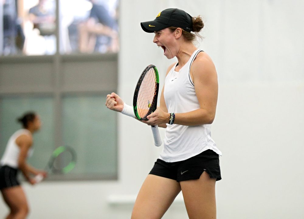 Iowa’s Elise Van Heuvelen celebrates a point during her doubles match at the Hawkeye Tennis and Recreation Complex in Iowa City on Sunday, February 16, 2020. (Stephen Mally/hawkeyesports.com)