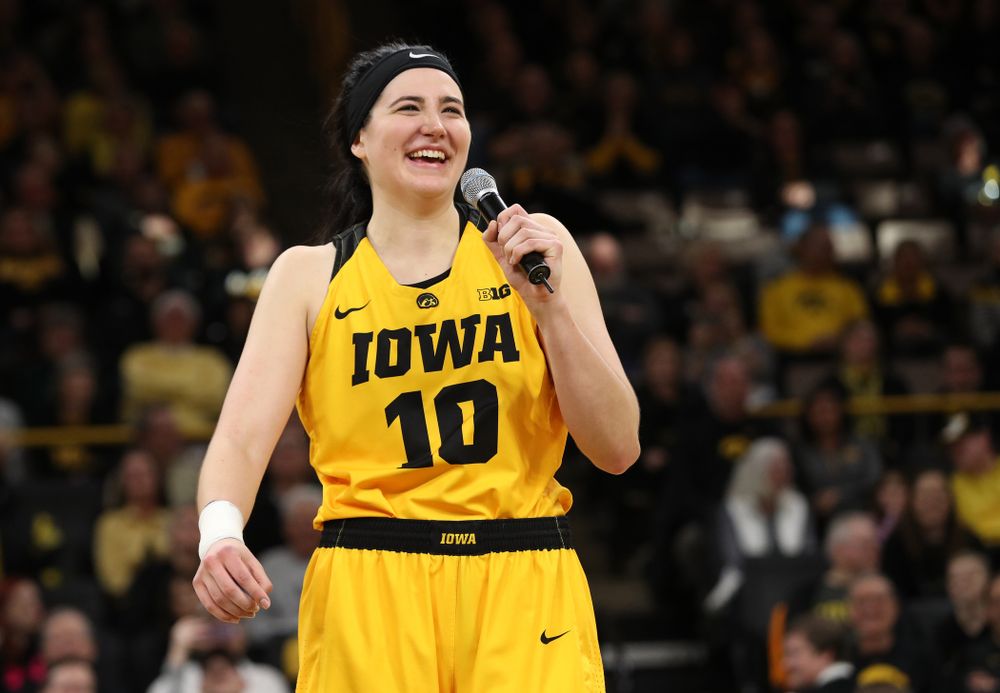 Iowa Hawkeyes forward Megan Gustafson (10) during senior day ceremonies following their game against the Northwestern Wildcats Sunday, March 3, 2019 at Carver-Hawkeye Arena. (Brian Ray/hawkeyesports.com)