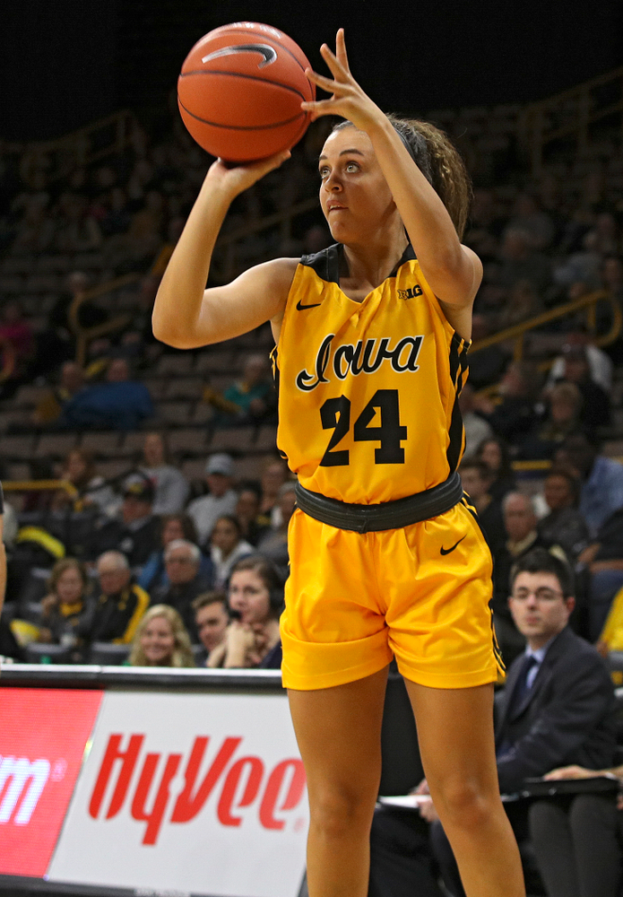 Iowa guard Gabbie Marshall (24) makes a 3-pointer during the fourth quarter of their game against Winona State at Carver-Hawkeye Arena in Iowa City on Sunday, Nov 3, 2019. (Stephen Mally/hawkeyesports.com)