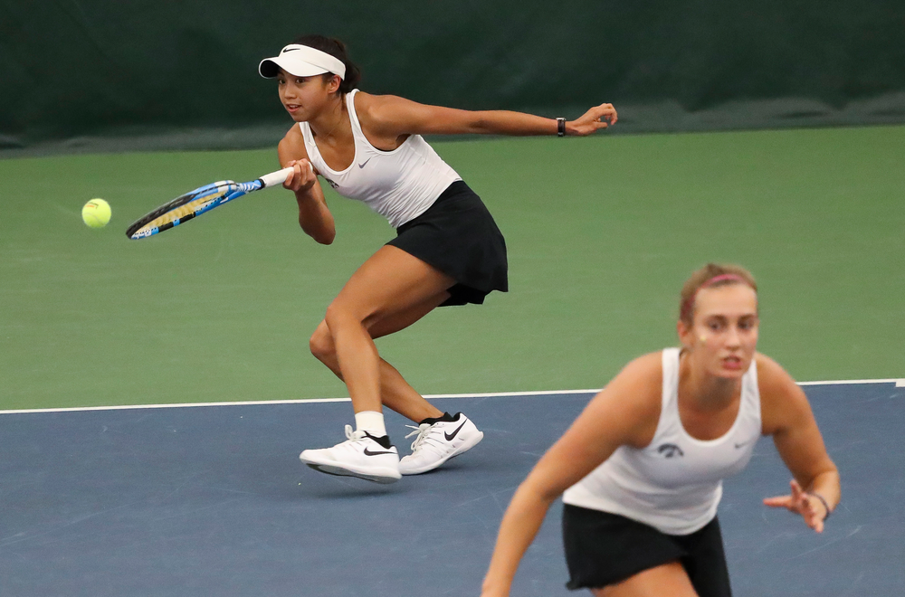 Michelle Bacalla returns a shot in a doubles match during the second day of the ITA Central Regional Championships at the Hawkeye Tennis and Recreation Complex on October 13, 2018. (Tork Mason/hawkeyesports.com)