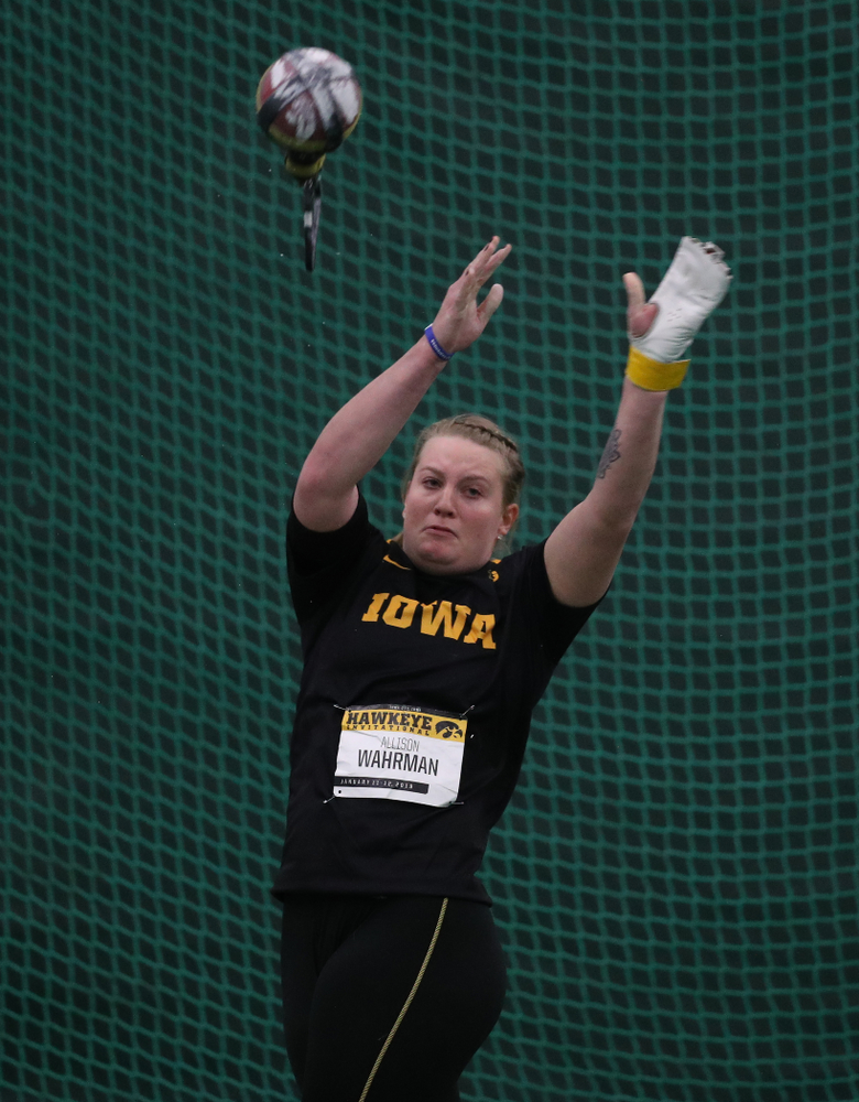 Iowa's Allison Wahrman competes in the weight throw Friday, January 11, 2019 at the Hawkeye Tennis and Recreation Center. (Brian Ray/hawkeyesports.com)