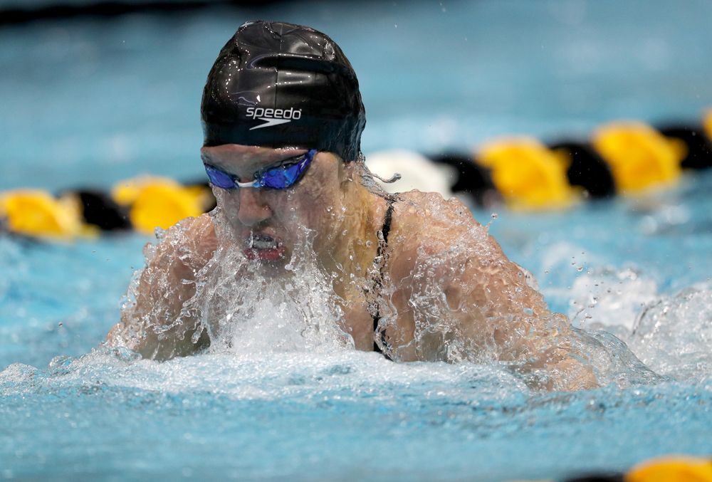 IowaÕs Sage Ohlensehlen competes in the 100 yard breaststroke against Notre Dame and Illinois Saturday, January 11, 2020 at the Campus Recreation and Wellness Center. (Brian Ray/hawkeyesports.com)