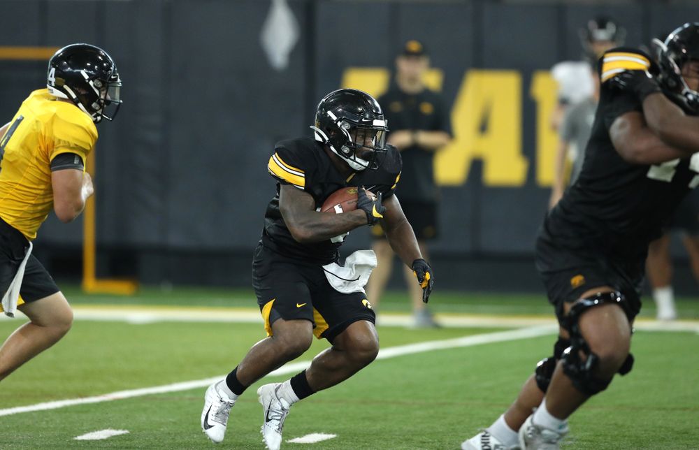 Iowa Hawkeyes running back Mekhi Sargent (10) during Fall Camp Practice No. 16 Tuesday, August 20, 2019 at the Ronald D. and Margaret L. Kenyon Football Practice Facility. (Brian Ray/hawkeyesports.com)