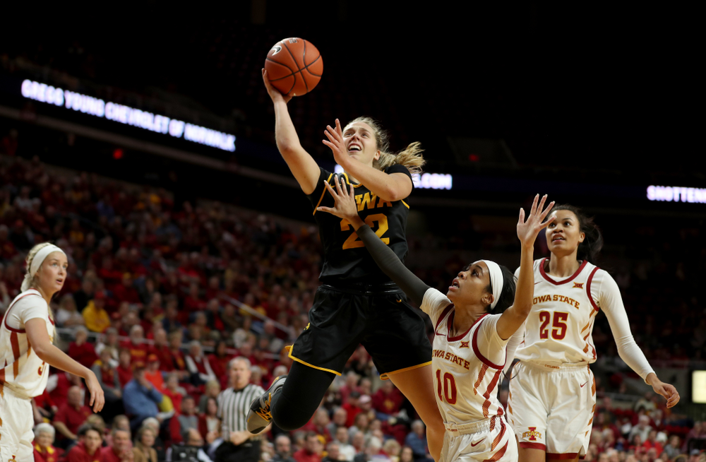 Iowa Hawkeyes guard Kathleen Doyle (22) against the Iowa State Cyclones Wednesday, December 11, 2019 at Hilton Coliseum in Ames, Iowa(Brian Ray/hawkeyesports.com)