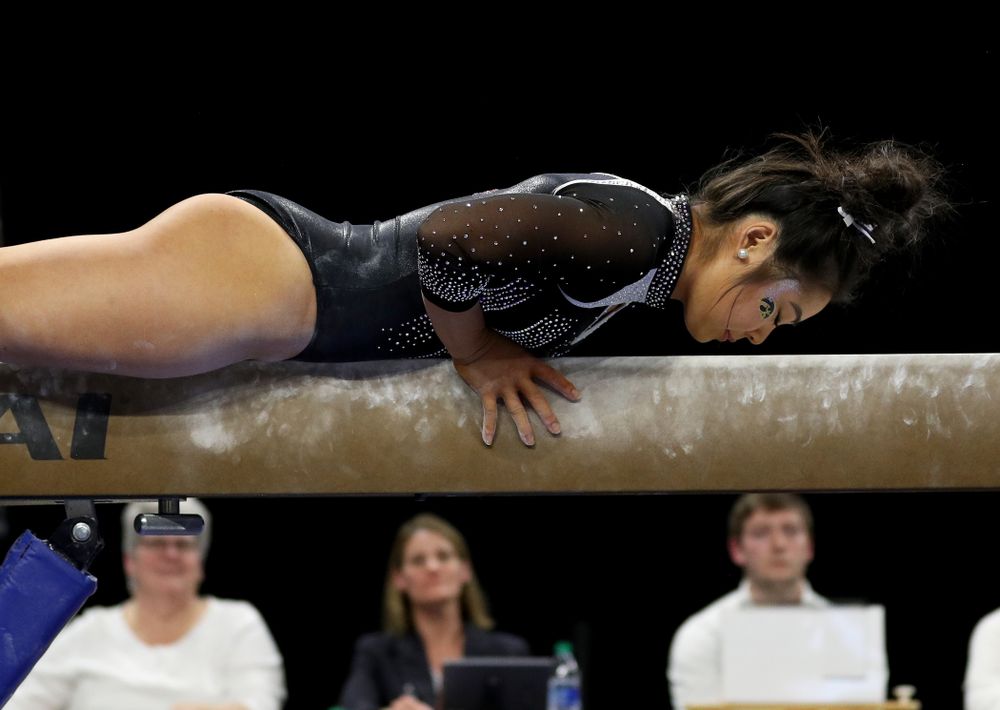 Iowa’s Clair Kaji competes on the beam against Michigan State Saturday, February 1, 2020 at Carver-Hawkeye Arena. (Brian Ray/hawkeyesports.com)