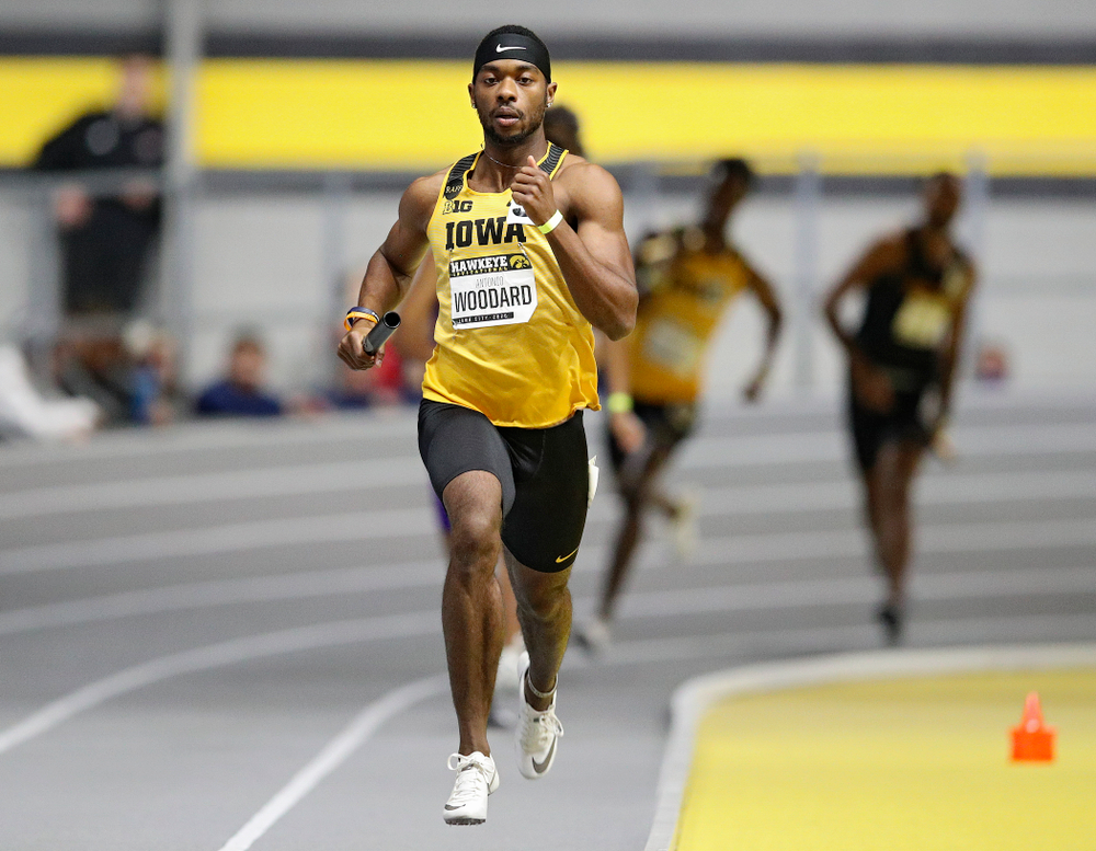 Iowa’s Antonio Woodard runs the men’s 1600 meter relay event during the Hawkeye Invitational at the Recreation Building in Iowa City on Saturday, January 11, 2020. (Stephen Mally/hawkeyesports.com)