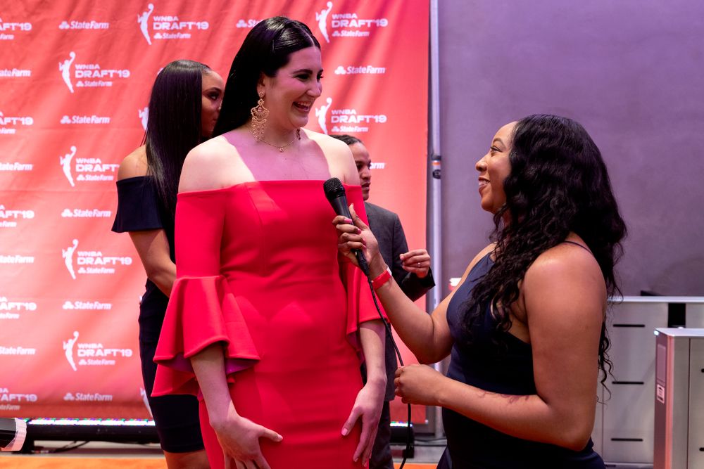 Iowa Hawkeyes forward Megan Gustafson (10) walks the orange carpet before the 2019 WNBA Draft Wednesday, April 10, 2019 at Nike New York Headquarters in New York City. (Brian Ray/hawkeyesports.com)