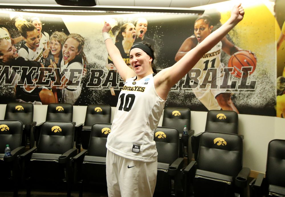 Iowa Hawkeyes forward Megan Gustafson (10) reacts after winning their game during the first round of the 2019 NCAA Women's Basketball Tournament at Carver Hawkeye Arena in Iowa City on Friday, Mar. 22, 2019. (Stephen Mally for hawkeyesports.com)