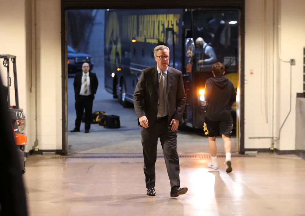 Iowa Hawkeyes head coach Fran McCaffery arrives for their game against the Illinois Fighting Illini in the 2019 Big Ten Men's Basketball Tournament Thursday, March 14, 2019 at the United Center in Chicago. (Brian Ray/hawkeyesports.com)