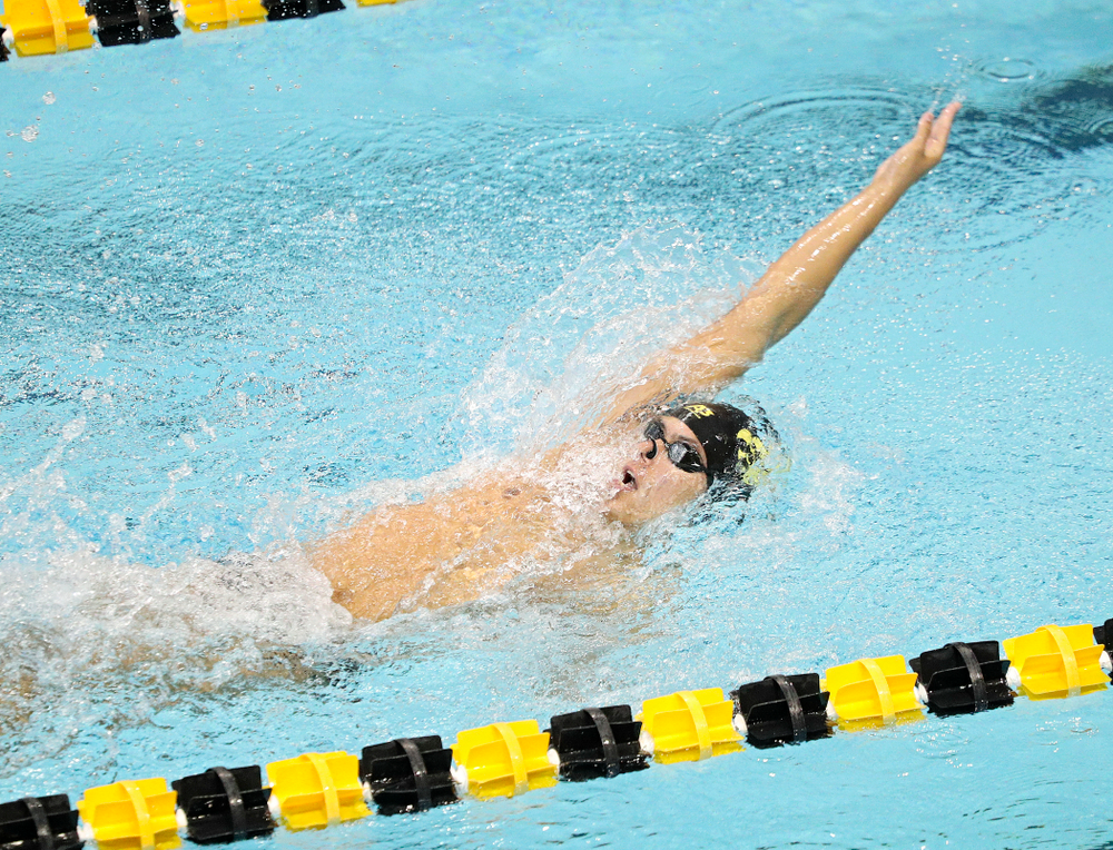 Iowa’s Preston Planells swims the men’s 200-yard backstroke event during their meet against Michigan State and Northern Iowa at the Campus Recreation and Wellness Center in Iowa City on Friday, Oct 4, 2019. (Stephen Mally/hawkeyesports.com)