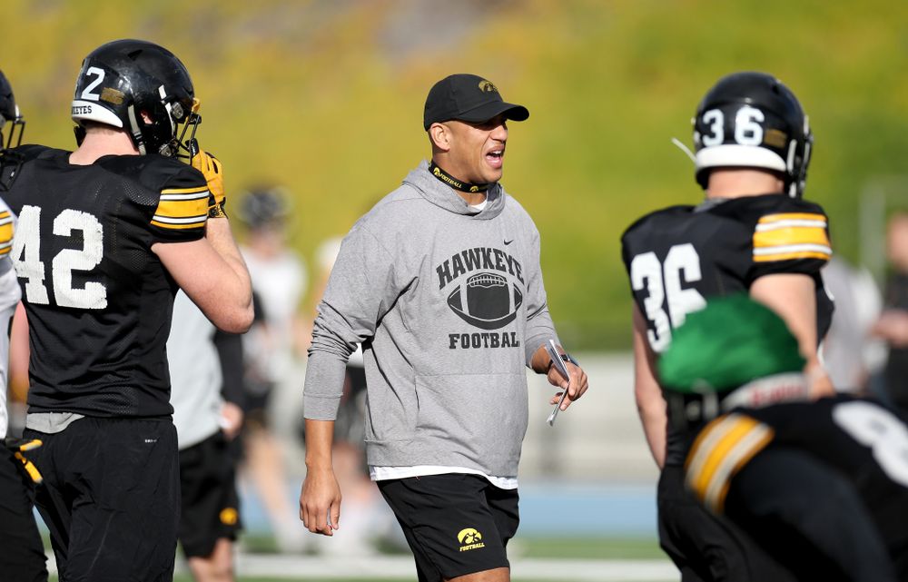 Iowa Hawkeyes special teams coordinator LeVar Woods runs a drill during Holiday Bowl Practice No. 3 Tuesday, December 24, 2019 at San Diego Mesa College. (Brian Ray/hawkeyesports.com)