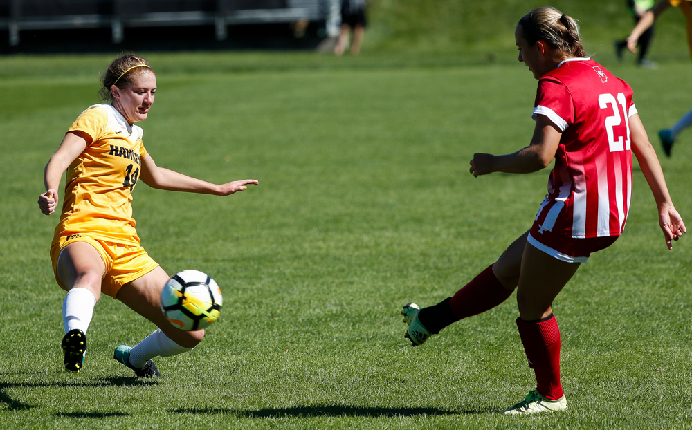 Iowa Hawkeyes defender Leah Moss (14) defends during a game against Indiana at the Iowa Soccer Complex on September 23, 2018. (Tork Mason/hawkeyesports.com)