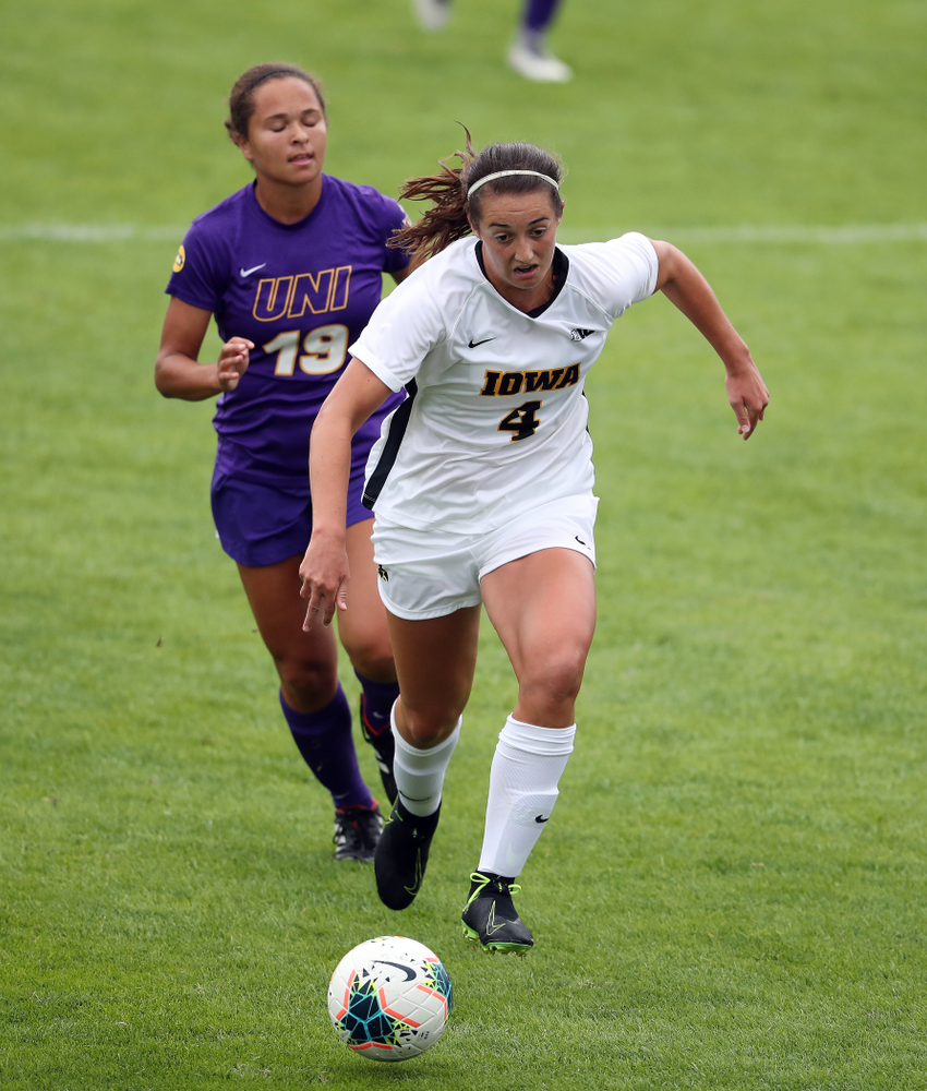 Iowa Hawkeyes forward Kaleigh Haus (4) during a 6-1 win over Northern Iowa Sunday, August 25, 2019 at the Iowa Soccer Complex. (Brian Ray/hawkeyesports.com)