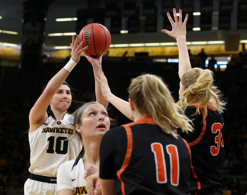 Iowa Hawkeyes forward Megan Gustafson (10) makes a basket during the first round of the 2019 NCAA Women's Basketball Tournament at Carver Hawkeye Arena in Iowa City on Friday, Mar. 22, 2019. (Stephen Mally for hawkeyesports.com)
