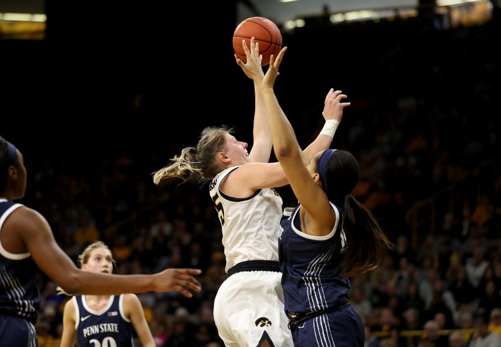 Iowa Hawkeyes forward/center Monika Czinano (25) against Penn State Saturday, February 22, 2020 at Carver-Hawkeye Arena. (Brian Ray/hawkeyesports.com)