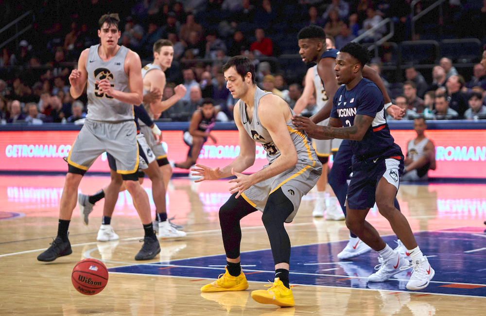 Iowa Hawkeyes forward Ryan Kriener (15) against UConn in the Championship game of the 2K Empire Classic Friday, November 16, 2018 at Madison Square Garden in New York City. (Duncan H.Williams/Freelance)