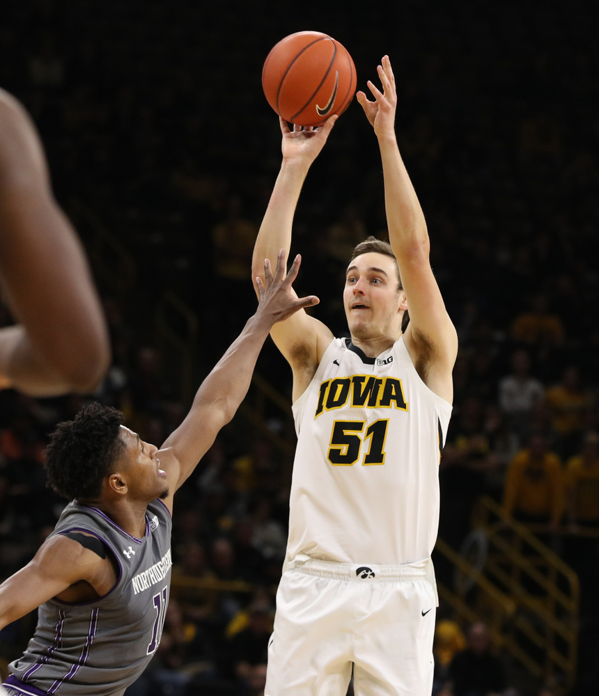 Iowa Hawkeyes forward Nicholas Baer (51) against the Northwestern Wildcats Sunday, February 10, 2019 at Carver-Hawkeye Arena. (Brian Ray/hawkeyesports.com)