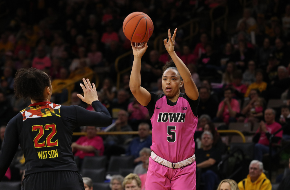 Iowa Hawkeyes guard Alexis Sevillian (5) against the seventh ranked Maryland Terrapins Sunday, February 17, 2019 at Carver-Hawkeye Arena. (Brian Ray/hawkeyesports.com)