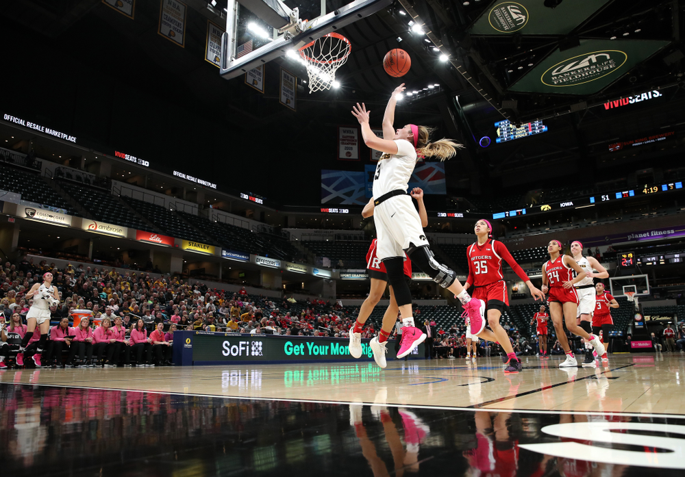 Iowa Hawkeyes guard Makenzie Meyer (3) against the Rutgers Scarlet Knights in the semi-finals of the Big Ten Tournament Saturday, March 9, 2019 at Bankers Life Fieldhouse in Indianapolis, Ind. (Brian Ray/hawkeyesports.com)