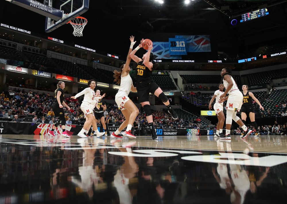 Iowa Hawkeyes forward Megan Gustafson (10) against the Maryland Terrapins in the Big Ten Championship Game Sunday, March 10, 2019 in Indianapolis, Ind. (Brian Ray/hawkeyesports.com)
