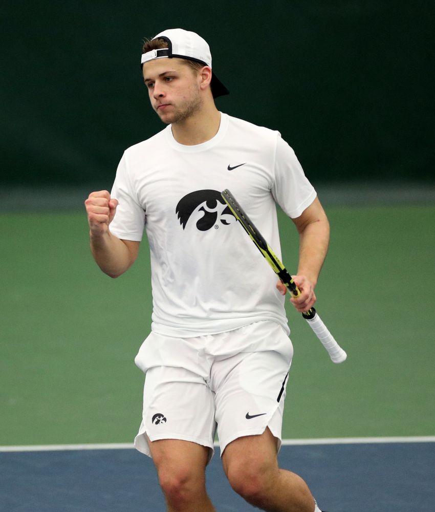 Iowa’s Will Davies against Cornell Sunday, March 8, 2020 at the Hawkeye Tennis and Recreation Center. (Brian Ray/hawkeyesports.com)