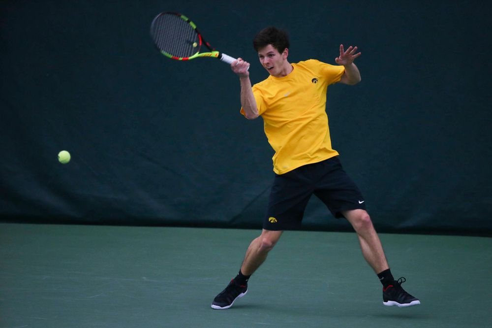 Iowa's Joe Tyler at a tennis match vs Drake Friday, March 8, 2019 at the Hawkeye Tennis and Recreation Complex. (Lily Smith/hawkeyesports.com)
