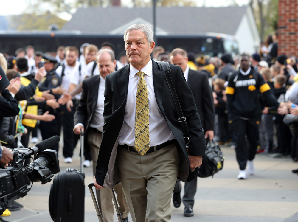 Iowa Hawkeyes head coach Kirk Ferentz arrives for their game against the Purdue Boilermakers Saturday, October 19, 2019 at Kinnick Stadium. (Brian Ray/hawkeyesports.com)