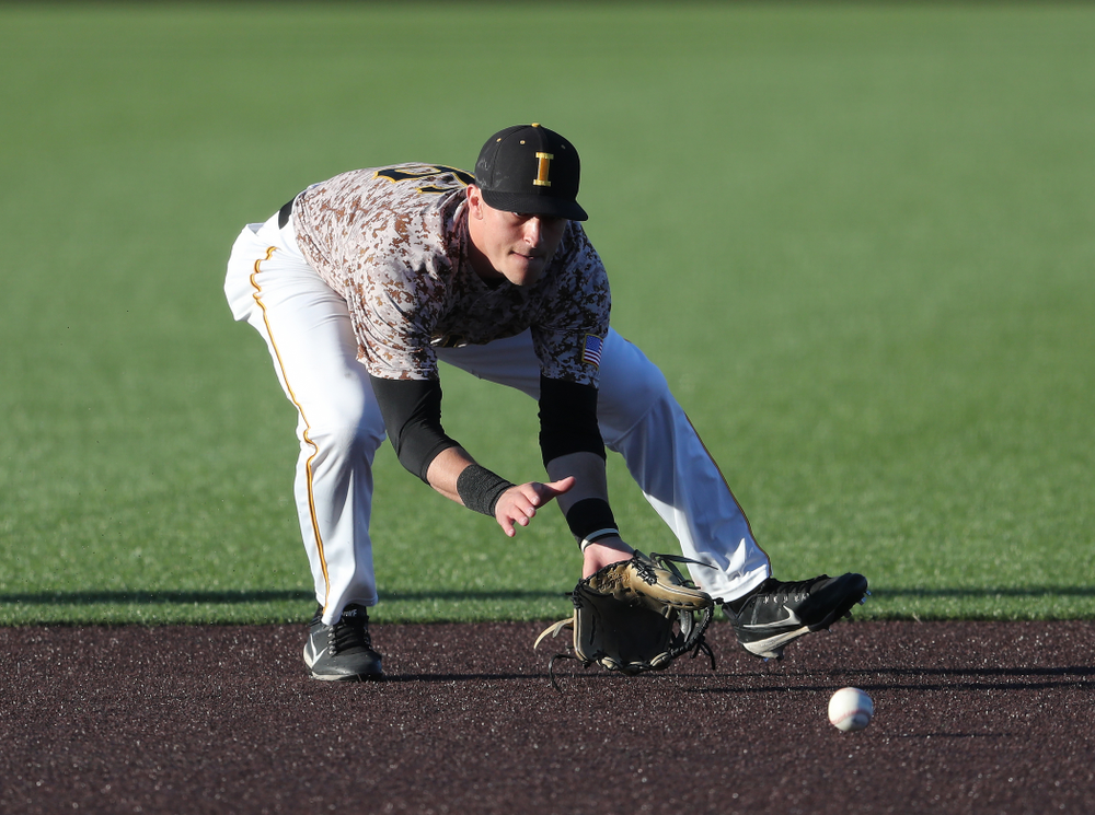 Iowa Hawkeyes Tanner Wetrich (16) against the Nebraska Cornhuskers on Military Appreciation Night Friday, April 19, 2019 at Duane Banks Field. (Brian Ray/hawkeyesports.com)