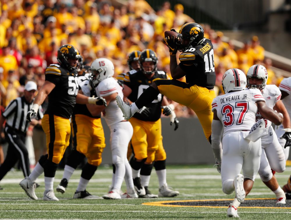 Iowa Hawkeyes running back Mekhi Sargent (10) against the Northern Illinois Huskies Saturday, September 1, 2018 at Kinnick Stadium. (Brian Ray/hawkeyesports.com)