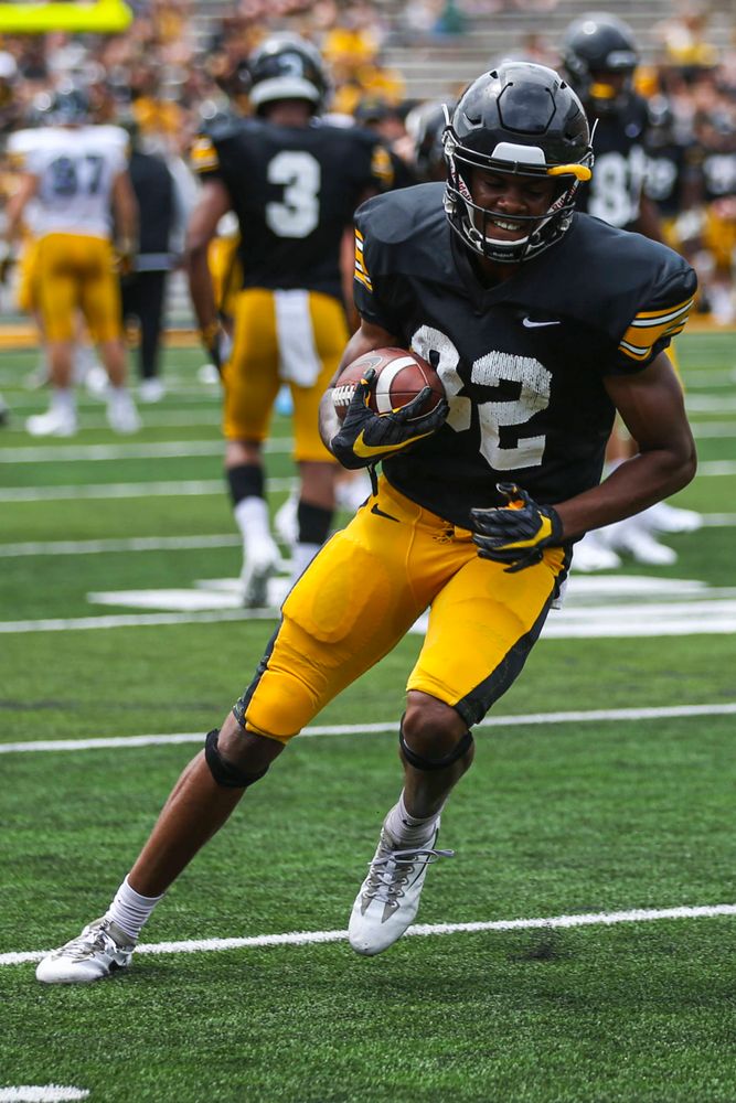Iowa Hawkeyes wide receiver Calvin Lockett (82) during Kids Day at Kinnick Stadium on Saturday, August 10, 2019. (Lily Smith/hawkeyesports.com)
