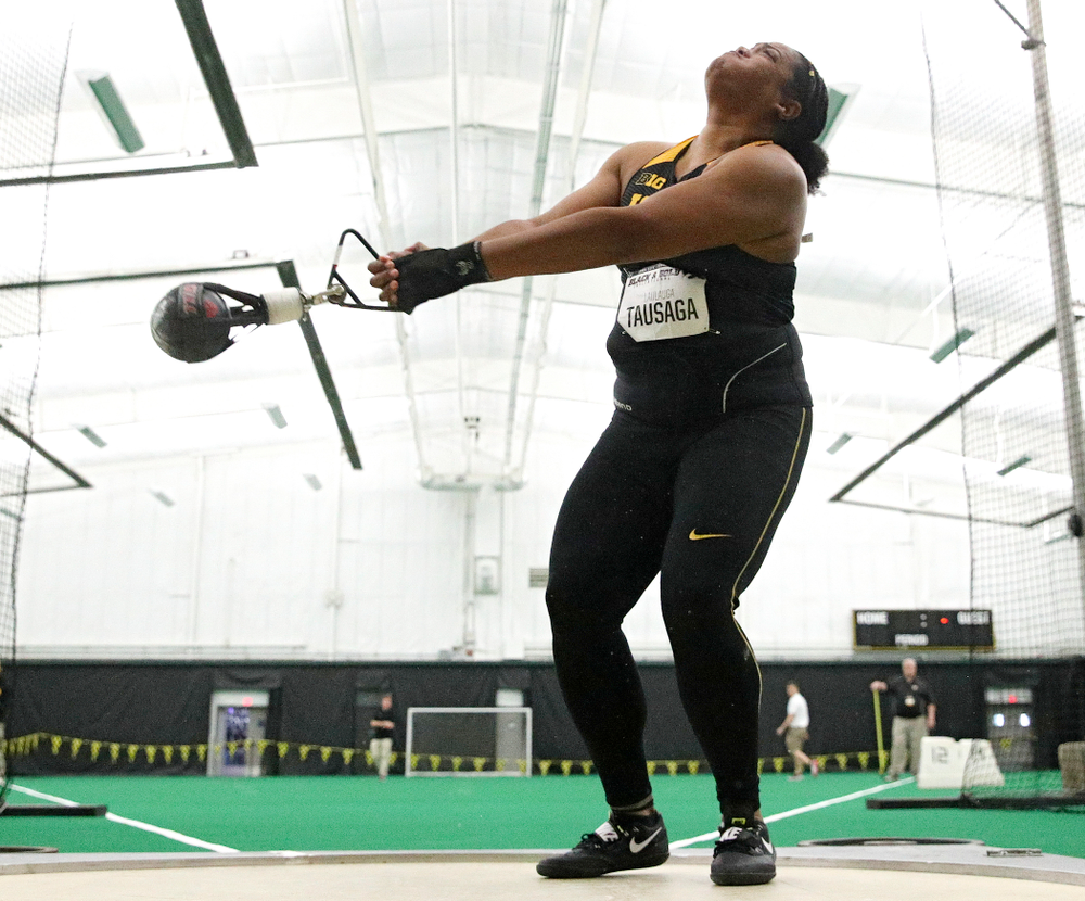 Iowa’s Laulauga Tausaga throws during the women’s weight throw event at the Hawkeye Tennis and Recreation Complex in Iowa City on Friday, January 31, 2020. (Stephen Mally/hawkeyesports.com)