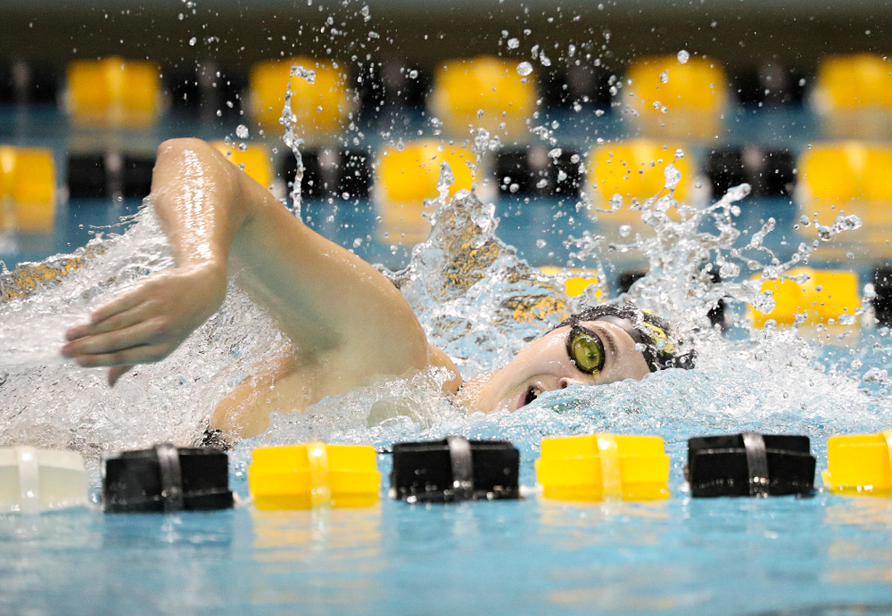 Iowa’s Maddie Ziegert swims the freestyle section of the 100-yard individual medley event during their meet against Michigan State at the Campus Recreation and Wellness Center in Iowa City on Thursday, Oct 3, 2019. (Stephen Mally/hawkeyesports.com)