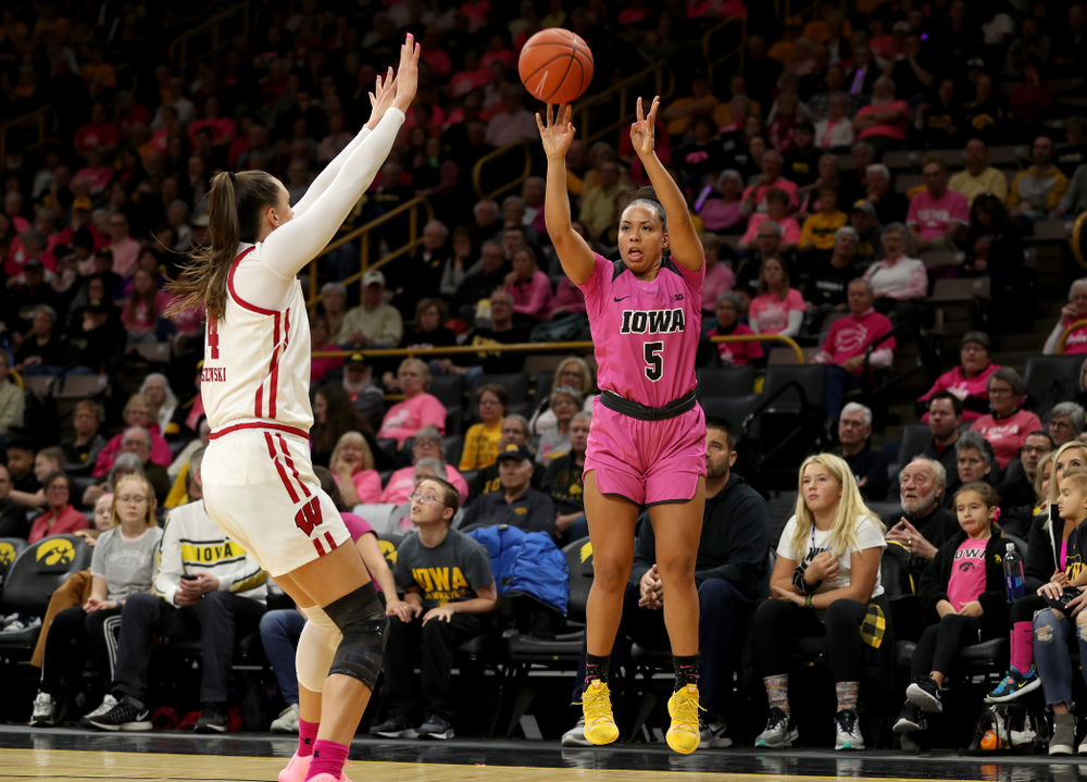 Iowa Hawkeyes guard Alexis Sevillian (5) against the Wisconsin Badgers Sunday, February 16, 2020 at Carver-Hawkeye Arena. (Brian Ray/hawkeyesports.com)