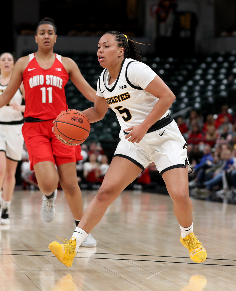 Iowa Hawkeyes guard Alexis Sevillian (5) against Ohio State in the quarterfinals of the Big Ten Basketball Tournament Friday, March 6, 2020 at Bankers Life Fieldhouse in Indianapolis. (Brian Ray/hawkeyesports.com)