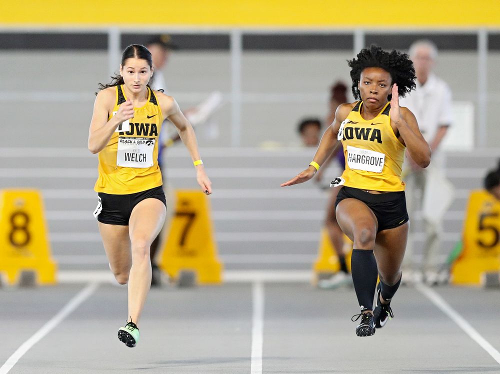 Iowa’s Kylie Welch (from left) and Lasarah Hargrove run the women’s 60 meter dash event at the Black and Gold Invite at the Recreation Building in Iowa City on Saturday, February 1, 2020. (Stephen Mally/hawkeyesports.com)