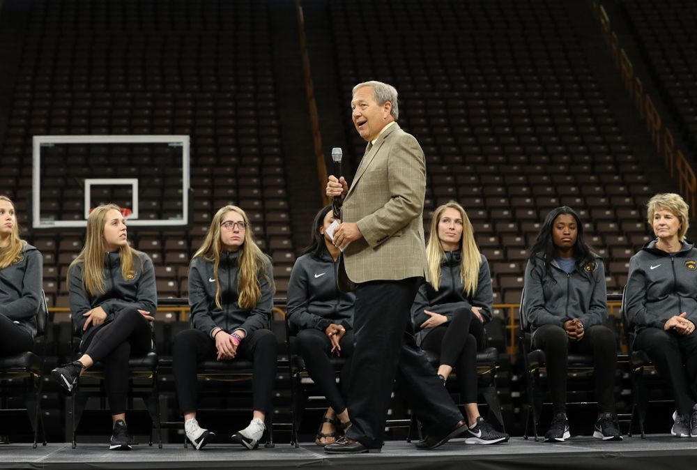 University of Iowa President Bruce Harreld speaks during the Iowa WomenÕs Basketball Celebr-Eight event Wednesday, April 24, 2019 at Carver-Hawkeye Arena. (Brian Ray/hawkeyesports.com)