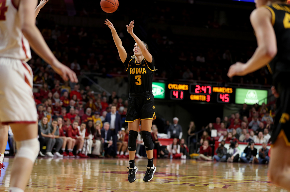 Iowa Hawkeyes guard Makenzie Meyer (3) against the Iowa State Cyclones Wednesday, December 11, 2019 at Hilton Coliseum in Ames, Iowa(Brian Ray/hawkeyesports.com)