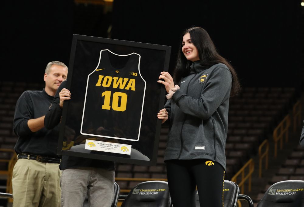 Henry B. and Patricia B. Tippie Director of Athletics Chair announces that the jersey of Iowa Hawkeyes forward Megan Gustafson (10) will be retired at a ceremony next season during the teamÕs Celebr-Eight event Wednesday, April 24, 2019 at Carver-Hawkeye Arena. (Brian Ray/hawkeyesports.com)