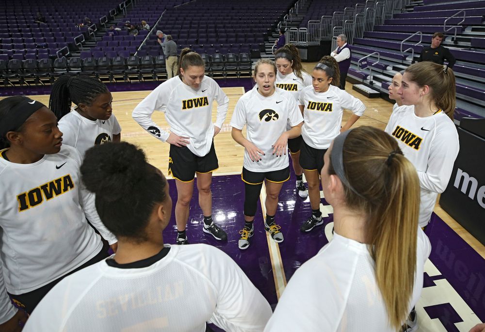 Iowa Hawkeyes guard Kathleen Doyle (22) talks with her team before their game at Welsh-Ryan Arena in Evanston, Ill. on Sunday, January 5, 2020. (Stephen Mally/hawkeyesports.com)