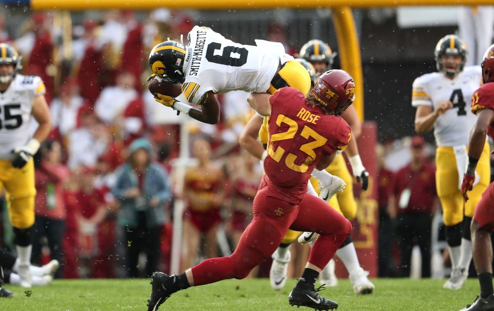 Iowa Hawkeyes wide receiver Ihmir Smith-Marsette (6) makes a catch for a first down against the Iowa State Cyclones Saturday, September 14, 2019 at Jack Trice Stadium in Ames, Iowa. (Brian Ray/hawkeyesports.com)