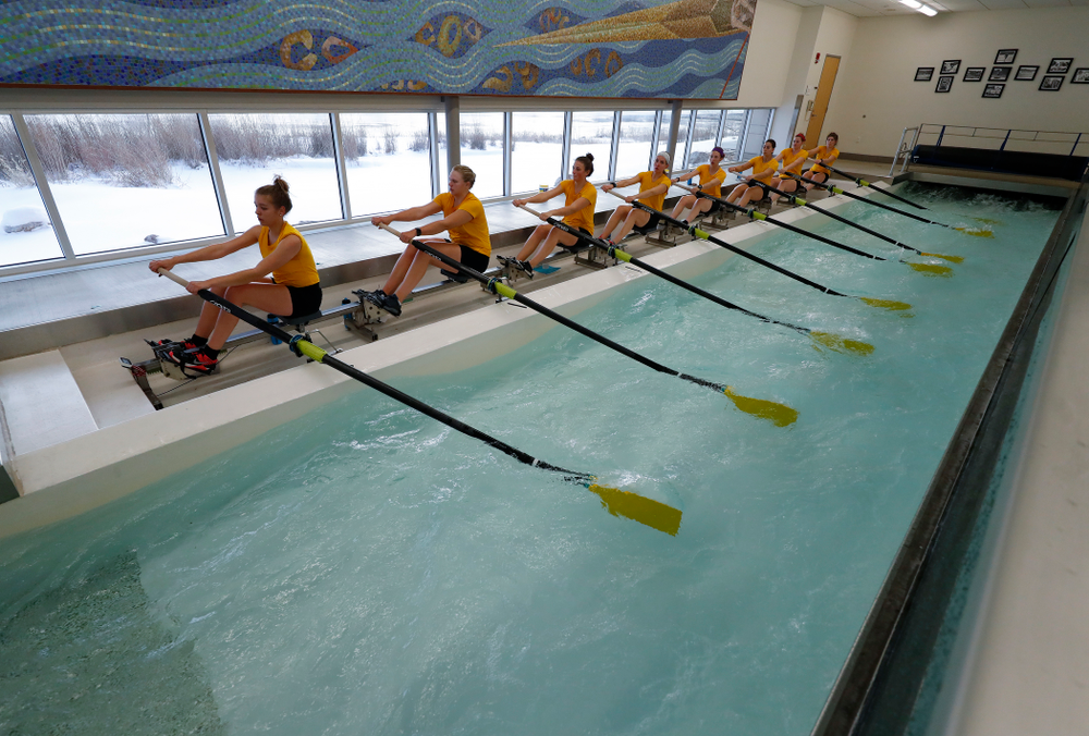 Members of the Iowa Rowing Team workout in the indoor rowing tank at the P. Sue Beckwith, M.D., Boathouse Monday, February 12, 2018 in Iowa City. (Brian Ray/hawkeyesports.com)