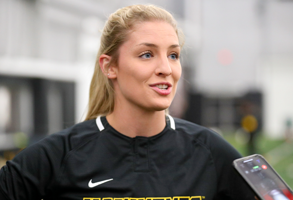 Iowa pitcher Allison Doocy (3) answers questions during Iowa Softball Media Day at the Hawkeye Tennis and Recreation Complex in Iowa City on Thursday, January 30, 2020. (Stephen Mally/hawkeyesports.com)