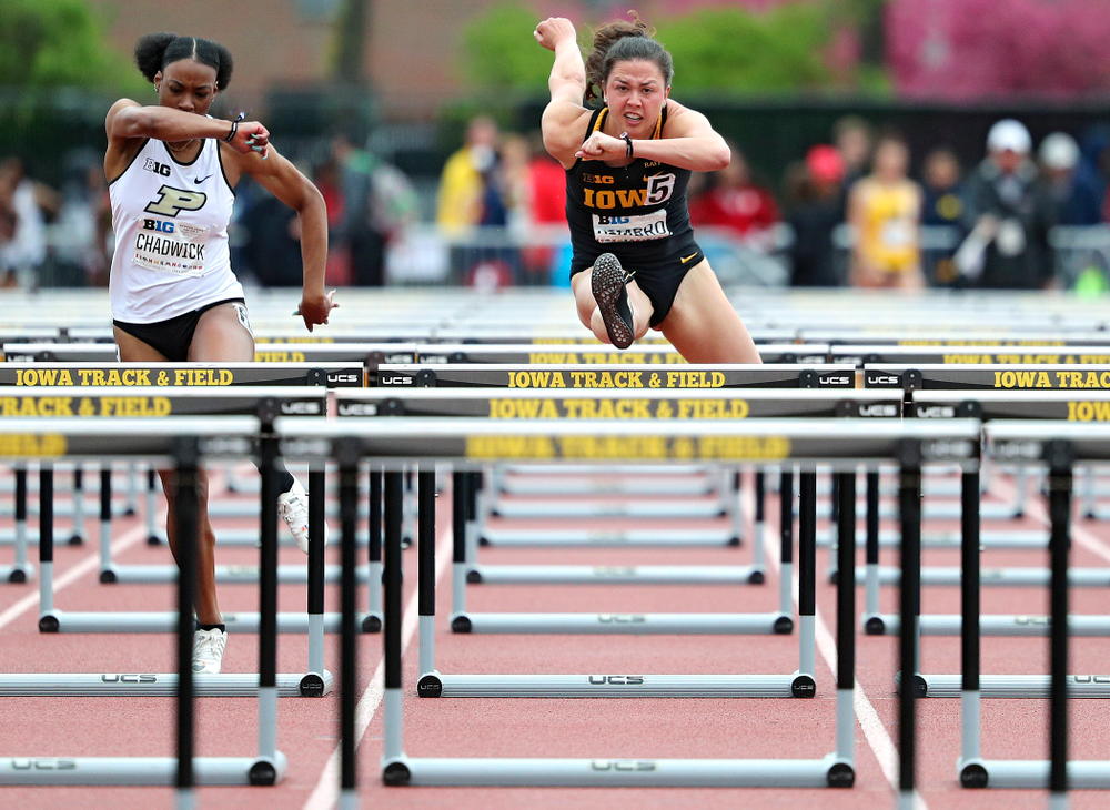 Iowa's Jenny Kimbro runs the women’s 100 meter hurdles event on the second day of the Big Ten Outdoor Track and Field Championships at Francis X. Cretzmeyer Track in Iowa City on Saturday, May. 11, 2019. (Stephen Mally/hawkeyesports.com)