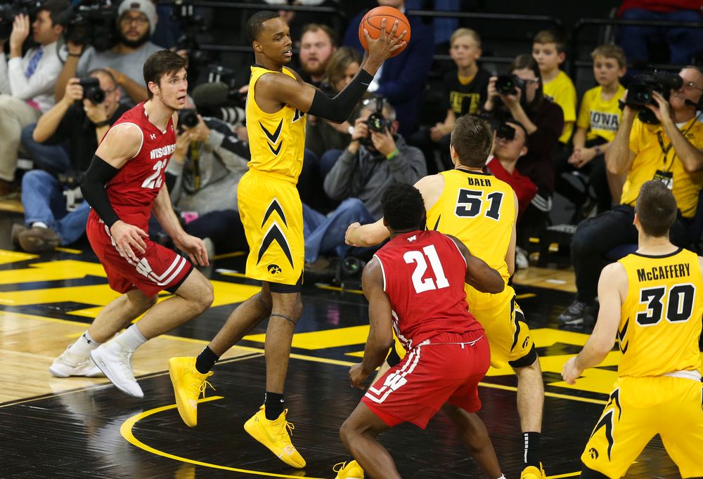 Iowa Hawkeyes guard Maishe Dailey (1) grabs the rebound against Wisconsin on November 30, 2018 at Carver-Hawkeye Arena. (Tork Mason/hawkeyesports.com)
